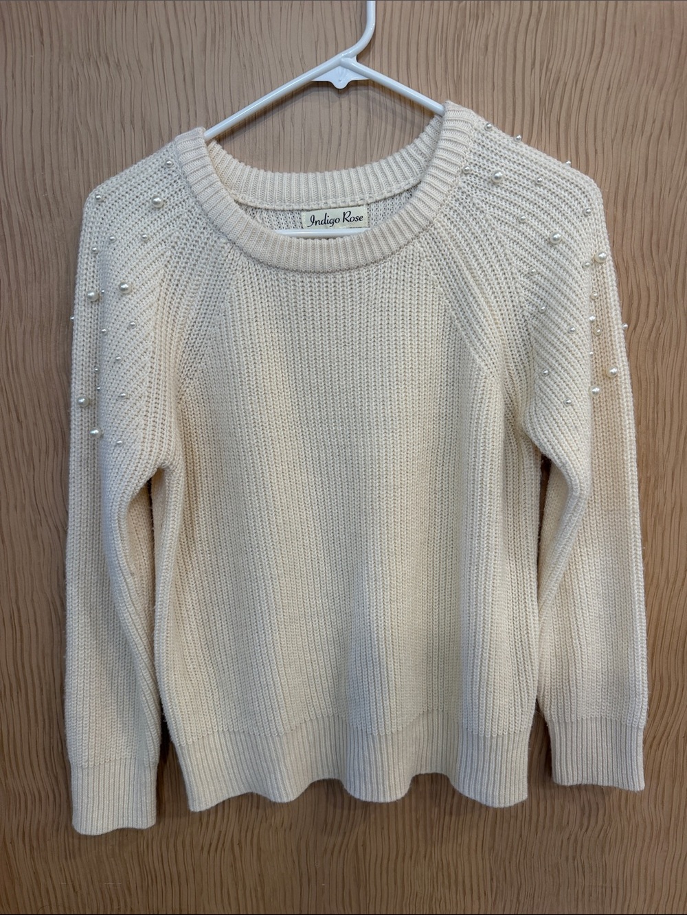 Indigo Rose Cream Pearl-Trim Crewneck Sweater
